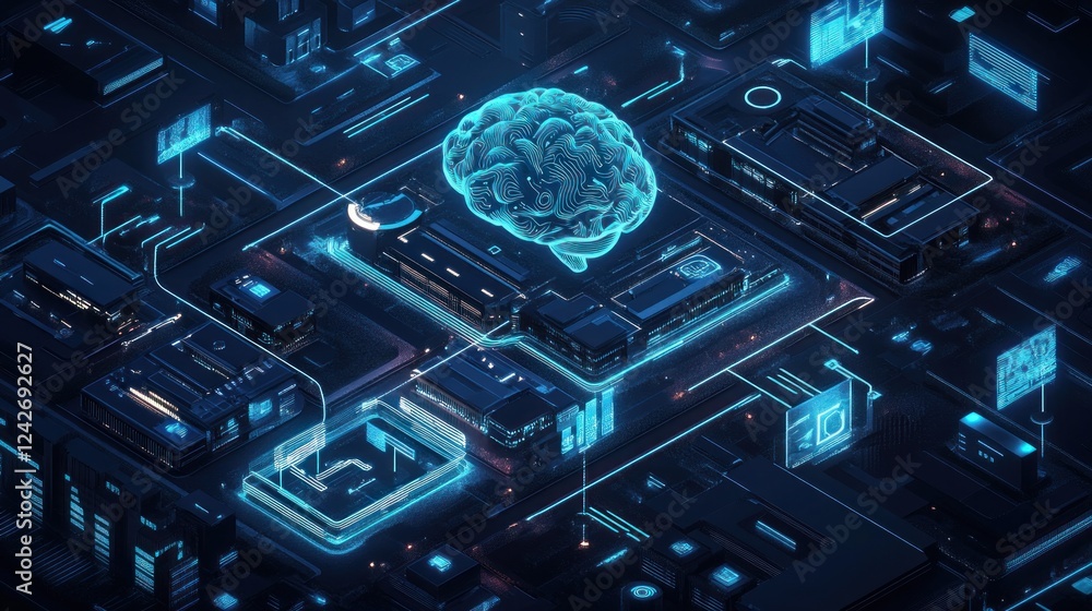 Poster digital brain integrated into complex circuitry, representing ai and neural networks.