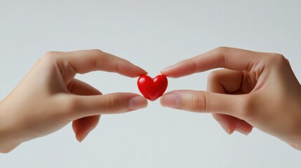 A woman's hands gently hold a red heart, symbolizing love and care