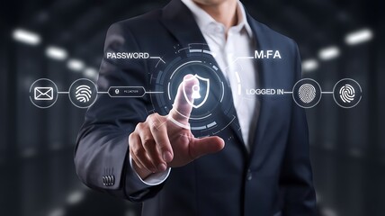 businessman pressing the virtual button MFA, multi-factor authentication. cloud computing concept, cloud technology, Saas, Paas, Iaas. AWS Services, ips, SSL, mfa, 2fa
