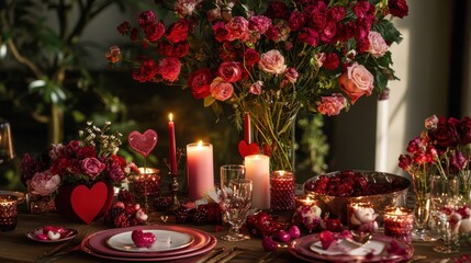 A festive Christmas table adorned with red and gold decorations, flickering candlelight, and a burning flame
