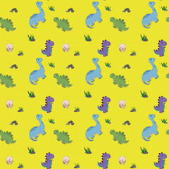 Seamless pattern of cute dinosaurs. Cute baby dinosaurs, egg, grass and stones. For fabric, packaging and more.