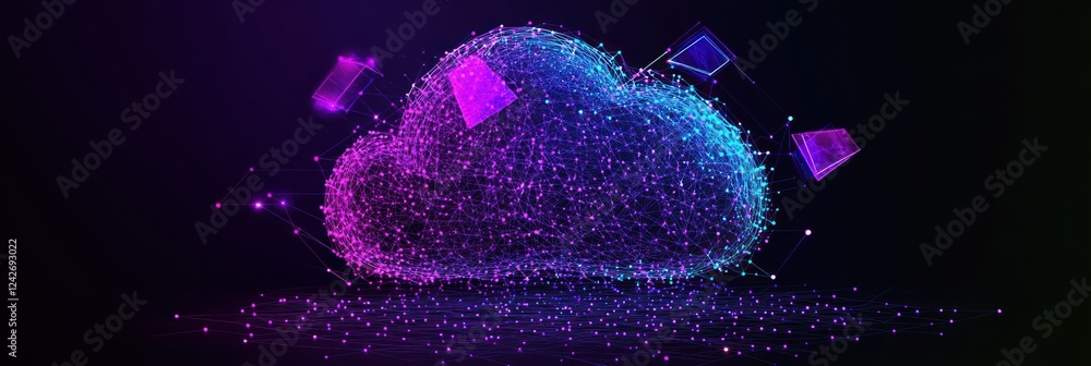 Poster abstract cloud computing concept with glowing particles and geometric shapes.