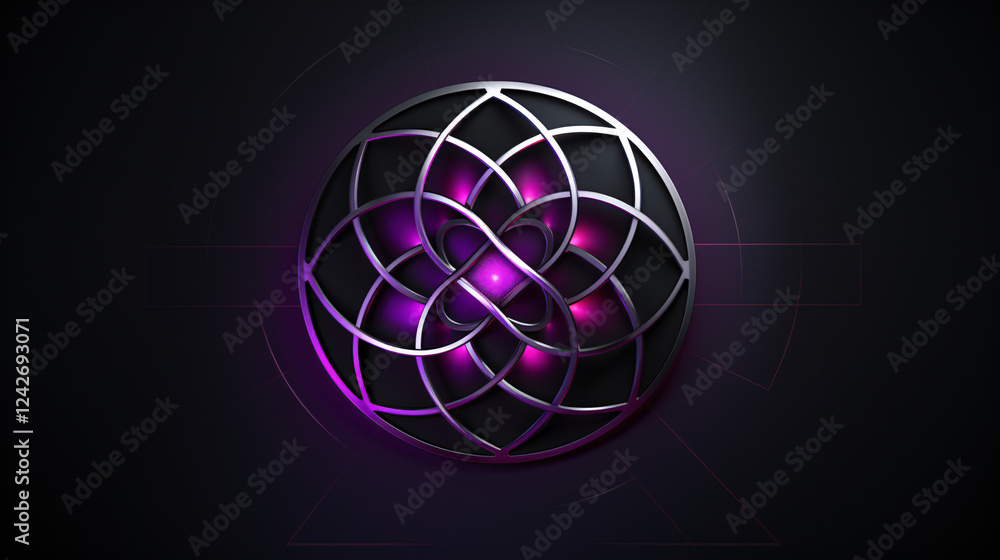 Poster A modern tech logo with overlapping geometric shapes on a violet purple background for a banner.

