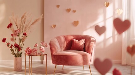 Valentine mockup card and heart background minimal. Romantic Pink Interior Armchair Design with Heart Accents and Floral Arrangement Decoration.