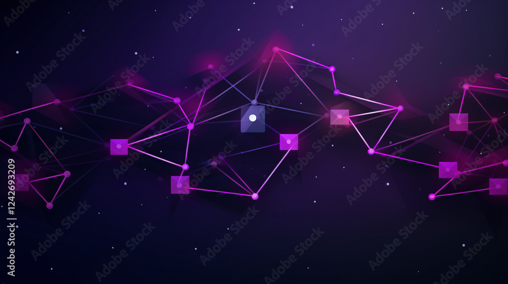 Poster a modern tech logo with overlapping geometric shapes on a violet purple background for a banner.