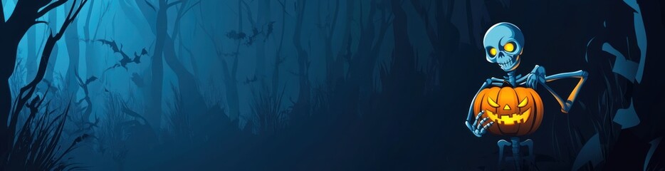 Skeleton holding jack-o'-lantern in spooky forest.