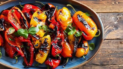 Colorful grilled bell peppers seasoned with fresh herbs and olive oil are served on a rustic blue plate. This makes a healthy vegetarian side dish or appetizer