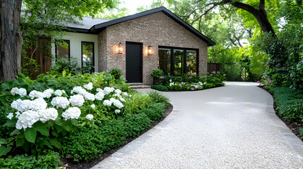 Modern house, landscaped garden, driveway, suburban setting, real estate