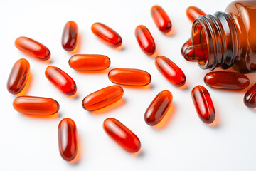 Vitamin capsules in a bottle, soft gels, Fish oil capsules, omega 3, omega 9, vitamin D, vitamin E