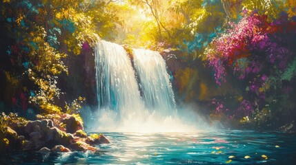 Obraz premium Tropical waterfall, lush jungle, sunlight, tranquility; nature background