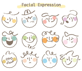 Abstract flat face with variety cute and funny facial expression set. Cartoon doodle style round character emotion. Comic colorful happy, calm, worry, angry, anxiety, smile face with line draw hair
