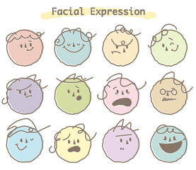 Abstract flat face with variety cute and funny facial expression set. Cartoon doodle style round character emotion. Comic colorful happy, calm, worry, angry, anxiety, smile face with line draw hair