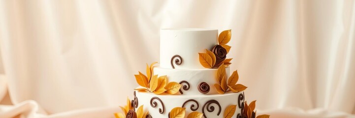 Elegant three tier cake with chocolate swirls, fabric, and golden leaves for celebrations, three tier, golden leaves, cake