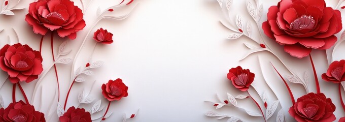 Red paper flowers and white leaves border on white background.