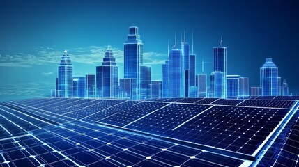 Futuristic City with Solar Panels Reflecting Light Against a Clear Blue Sky