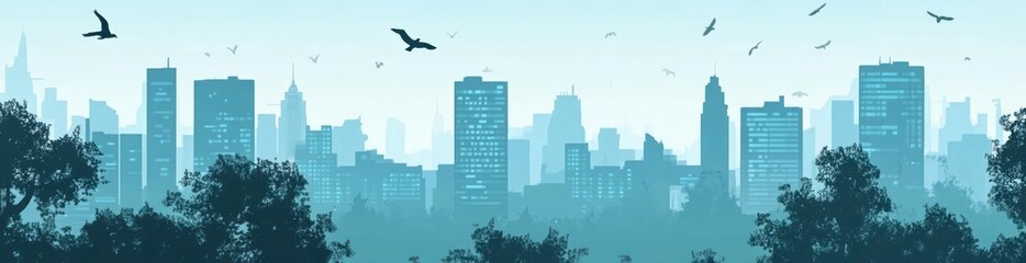 Naklejka premium Misty city skyline with birds flying over skyscrapers and trees.
