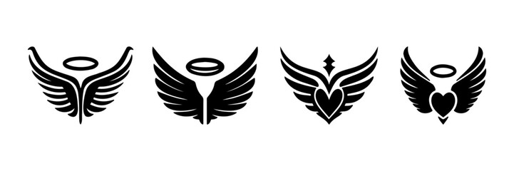 Four collection of wing icons in black on white background, the creative design you need