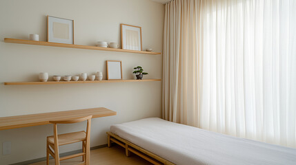 Minimalist bedroom featuring a bamboo bed and wooden workspace