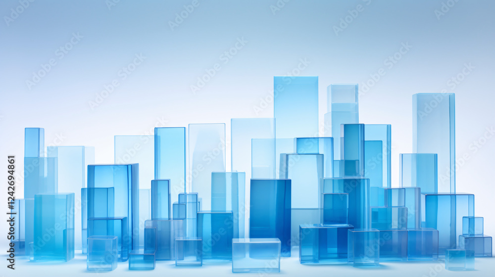 Poster Transparent glass blue blocks arranged in order on a gradient background for display or presentation design.

