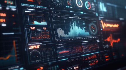 Obraz premium Futuristic digital dashboard displaying various data graphs, charts, and metrics.
