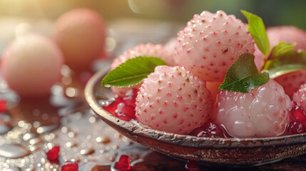 Exotic pink lychee with green leaves in syrup
