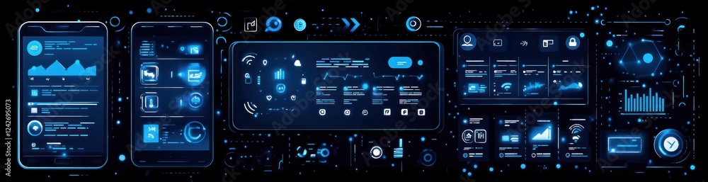 Aufkleber futuristic smartphone interfaces with data graphs, charts, and icons on dark background.