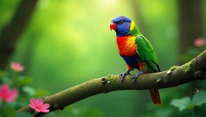 Vibrant Rainbow Lorikeet Perched in Lush Forest