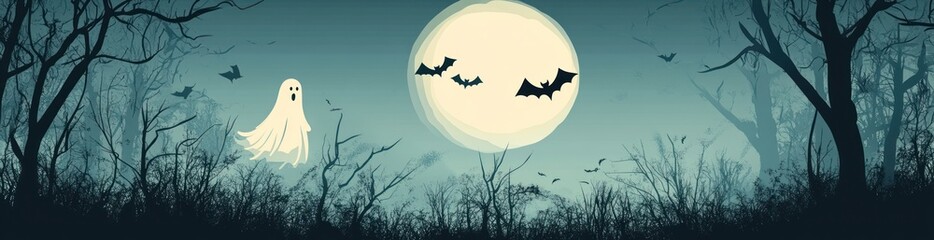 Spooky Halloween scene with ghost, bats, full moon, and dark forest.