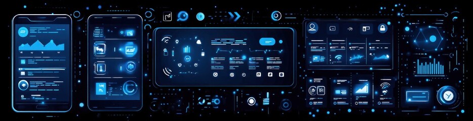 Futuristic smartphone interfaces with data graphs, charts, and icons on dark background.