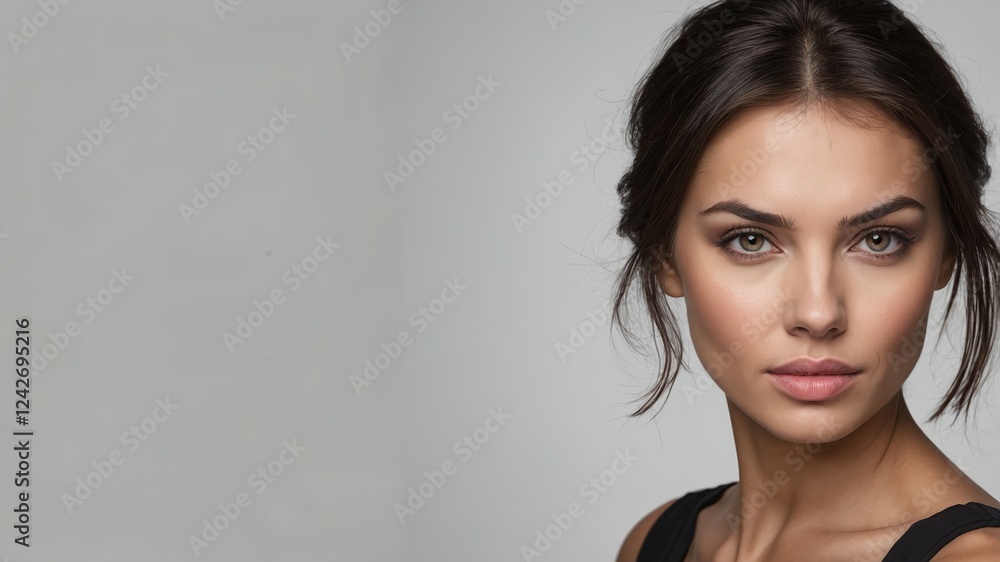Poster portrait of a woman with elegant features and a neutral background in a studio setting during daylig