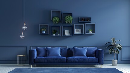 Contemporary Minimalist Navy Blue Living Room with Sky Blue Wall Shelves, Sapphire Blue Cushions, and Stylish Decor Accents
