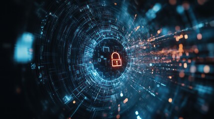 Obraz premium Cybersecurity concept with a holographic lock symbol, surrounded by floating digital codes and encrypted data streams