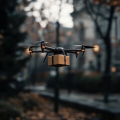Drone Delivering Package in Urban Environment at Dusk
