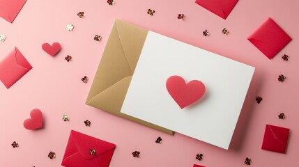 Valentine mockup card and heart background minimal. Romantic Valentine s Day Card and Envelope with Heart Decoration on Light Pink Background.
