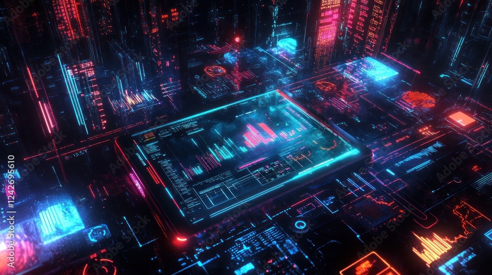 Poster futuristic digital city with glowing data streams and interfaces.