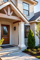 Luxury Home Exterior: Modern Brick House with Elegant Porch and Landscaping
