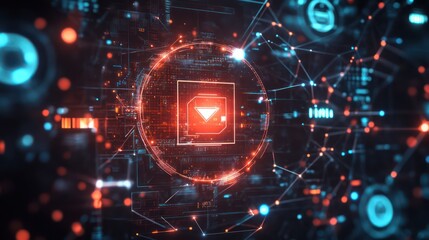 Obraz premium Cybersecurity defense concept, with a glowing shield protecting sensitive digital data, surrounded by a network