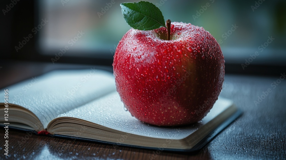 Poster fresh red apple with dew on a book, placed on a wooden table near a window with soft light