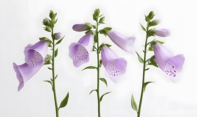 Three pale purple foxgloves, studio shot, white background, floral arrangement, botanical illustration