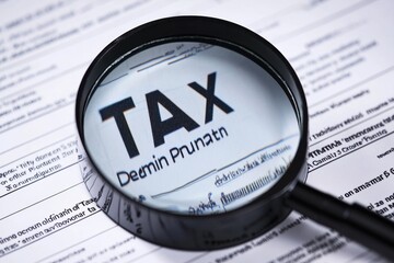 tax planning deduction paperwork profit concept. Magnifying glass focusing on tax documents highlighting the word "TAX.