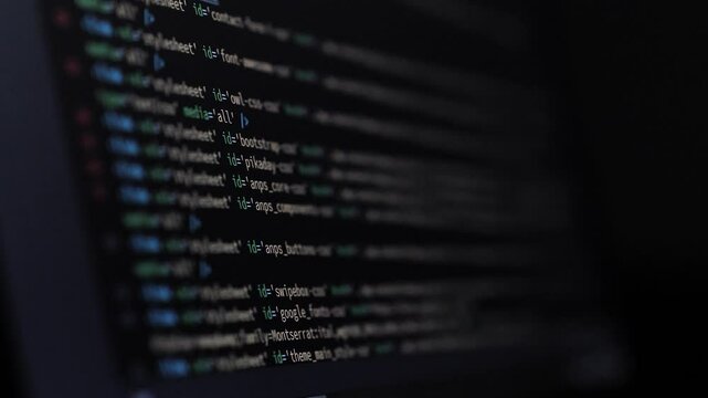 Developer is Browsing HTML Code on the Computer Screen. Side view. HTML Web Page Code Scrolling Programming, Abstract Technology Background for Software Developer, Computer Script Concept. Scene H.