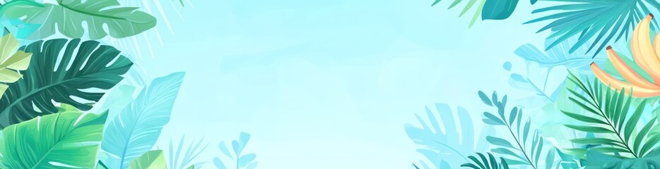 Tropical leaves and bananas on a light blue background.