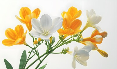 White and orange freesia flowers bouquet, spring bloom, bright background, for greeting cards
