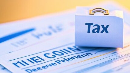 tax planning deduction paperwork profit concept. Tax document with a white block labeled 'Tax' on top, representing financial services and bookkeeping.