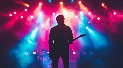 Guitarist on stage with vibrant lights and smoke creating a silhouette