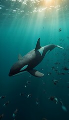 Orca Surrounded by Fish in Azure Depths