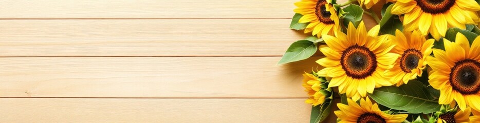 Obraz premium Vibrant sunflowers arranged on a light wood background, creating a cheerful, summery scene.