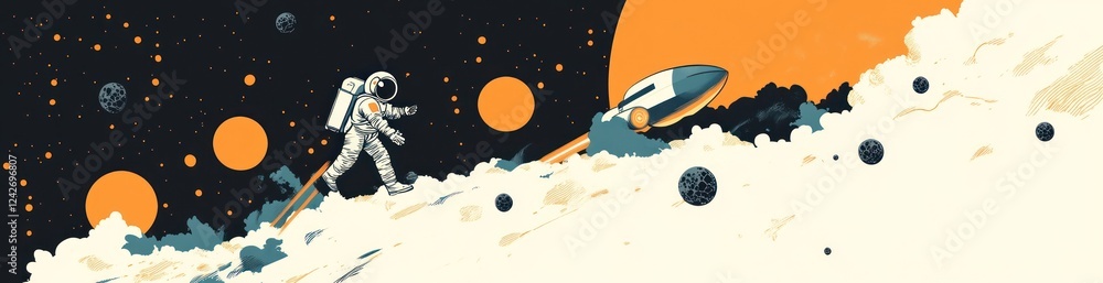 Poster astronaut walking on a planet surface with a rocket in the background, surrounded by space elements.