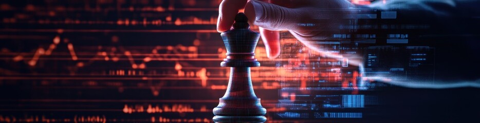 Hand moving a chess king piece against a digital background.