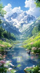 Fototapeta premium Mountain river valley serene landscape idyllic spring background